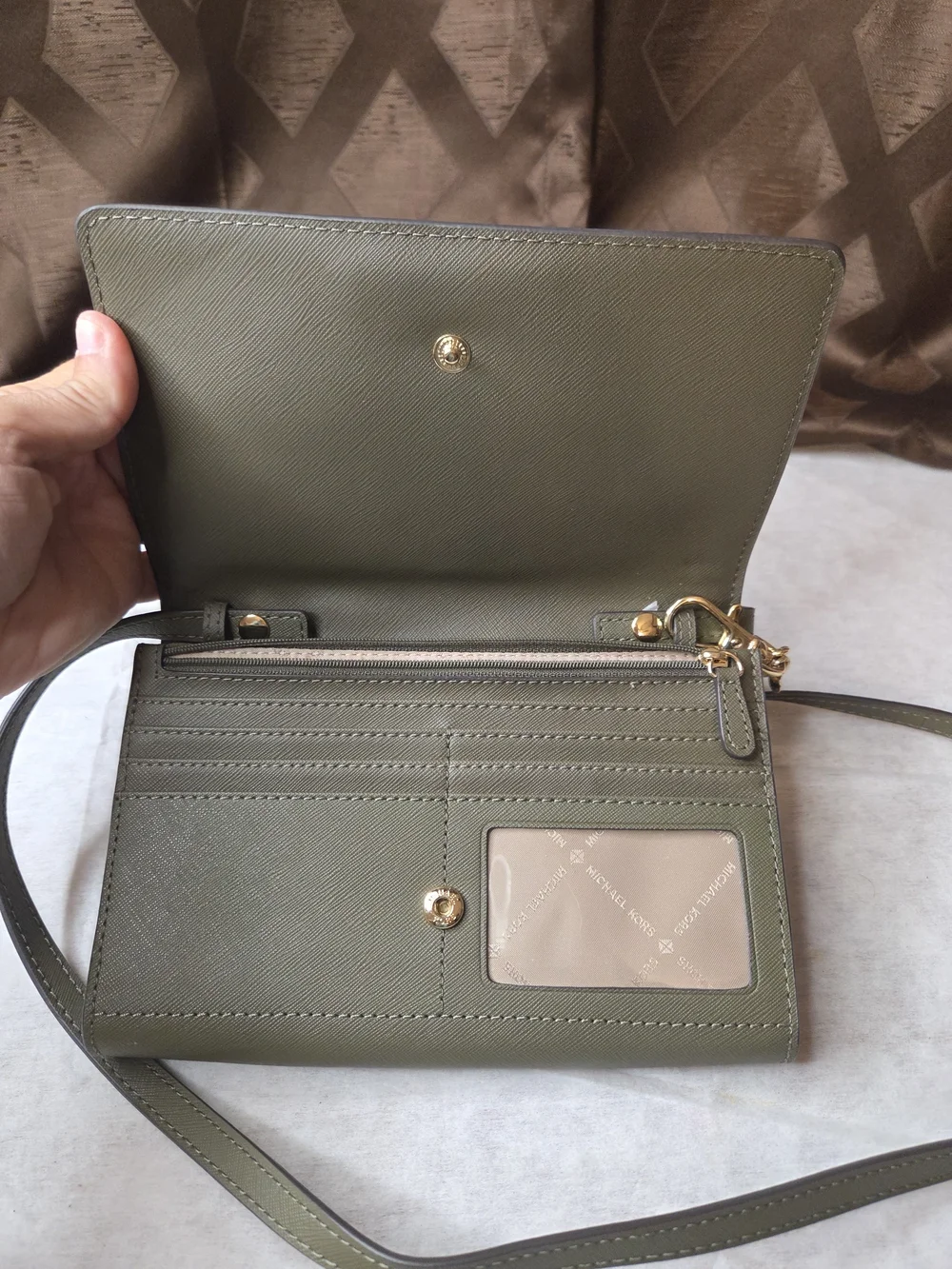 Michael Kors Olive Green Crossbody Wallet with Gold MK Charm